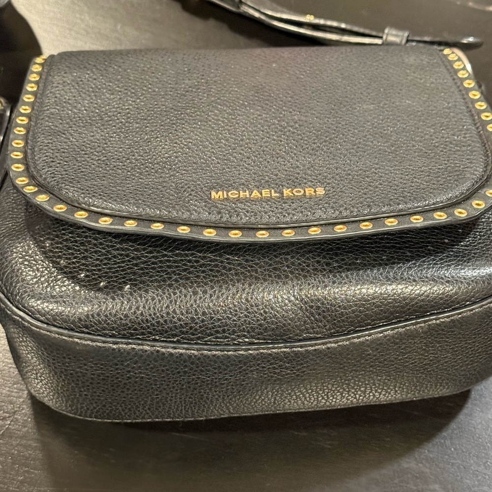 Michael Kors Brooklyn Black Gold Grommet Saddlebag Crossbody Purse Small - Picture 5 of 16